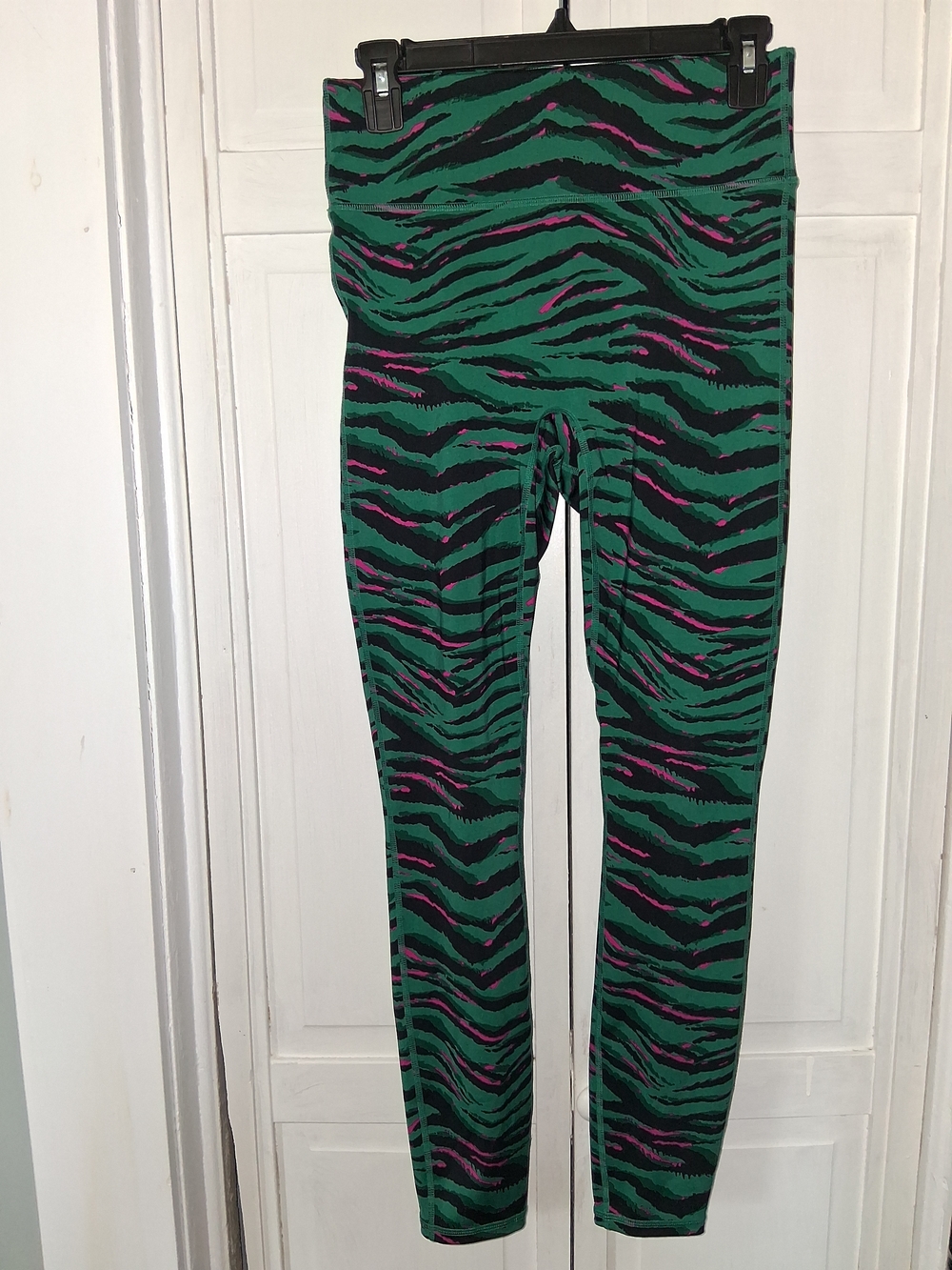 Fabletics Girls' High-Waist Green Zebra Stripe Leggings with Pink Accents